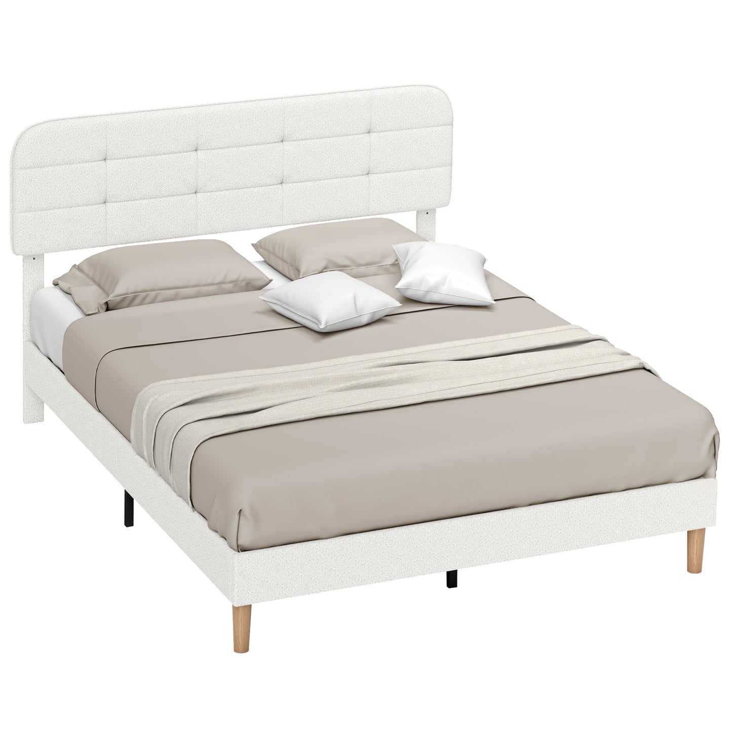 Queen Size Bed Frame with Adjustable Headboard Upholstered Platform Bed Frame with Wood Slat Support Noise Free White