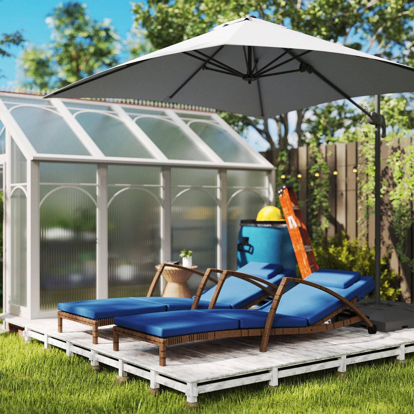Set of 2 Wicker Chaise Lounge Chair Outdoor Patio Lounger with 5 Adjustable Back, Wheels, Cushion and Armrests, Blue