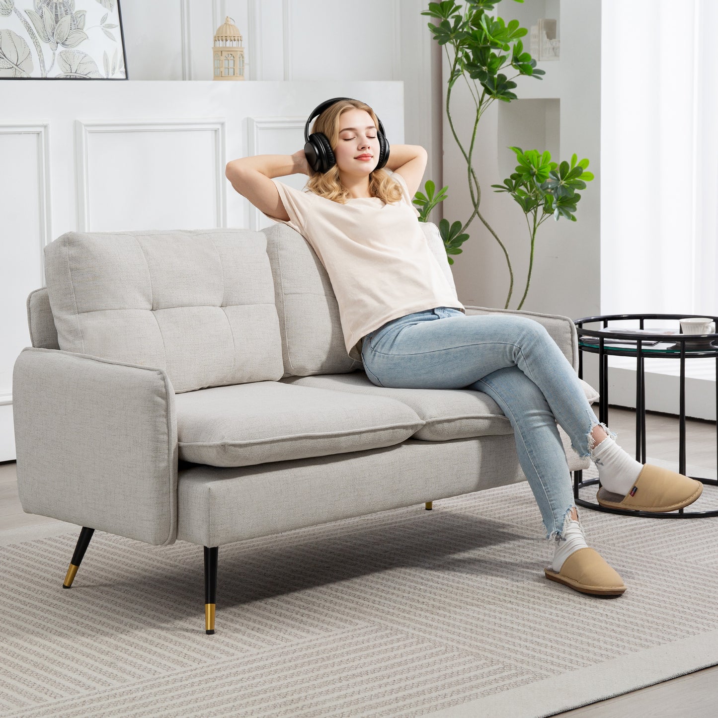 55" Loveseat Sofa, Linen Love Seat w/ S spring, Steel Legs and Button Tufting, Small Couch for Living Room, Cream White