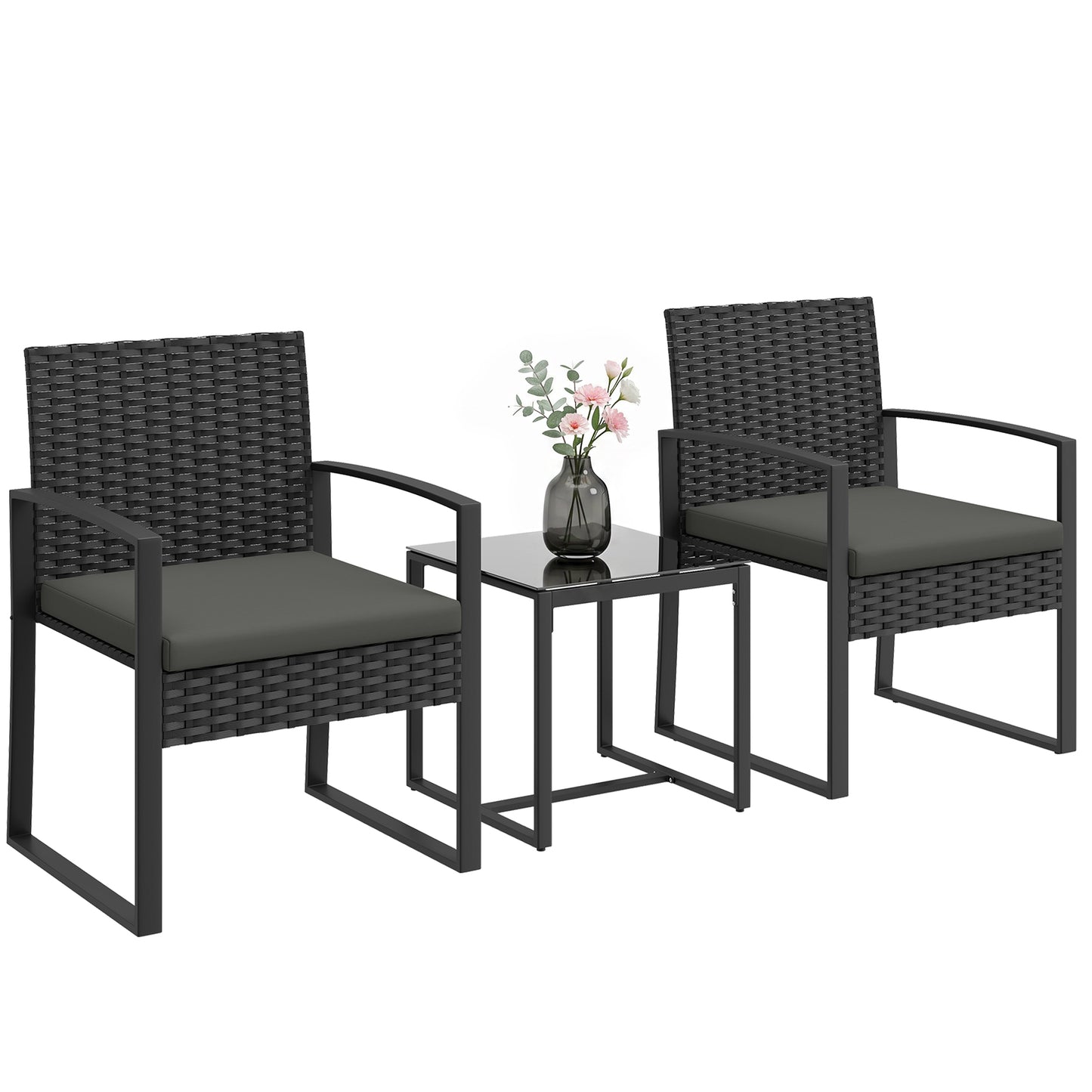 Outdoor Bistro Set, 3 Piece Wicker Patio Furniture Set with Glass Top Table and Cushions for Porch, Balcony, Dark Grey