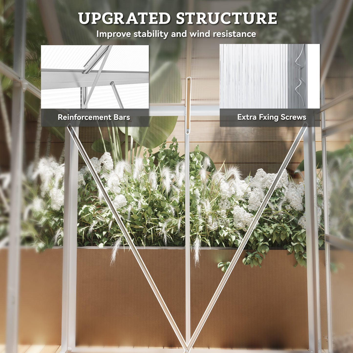 Walk-In Greenhouse, Polycarbonate Greenhouse with Sliding Door, Window, Aluminium Frame, Foundation, Silver