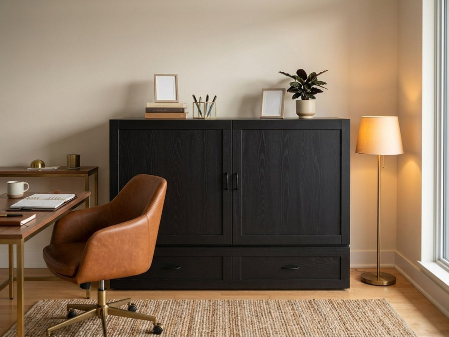 The Olivia closed as a black cabinet in a home office