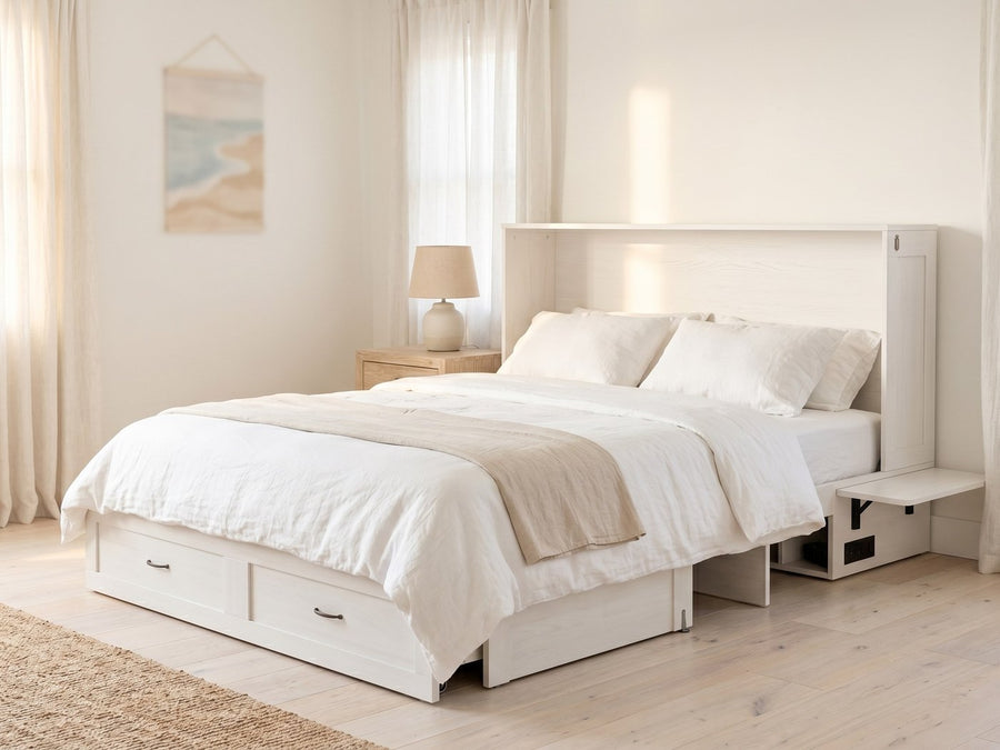 The Olivia in white, open as a comfortable queen bed