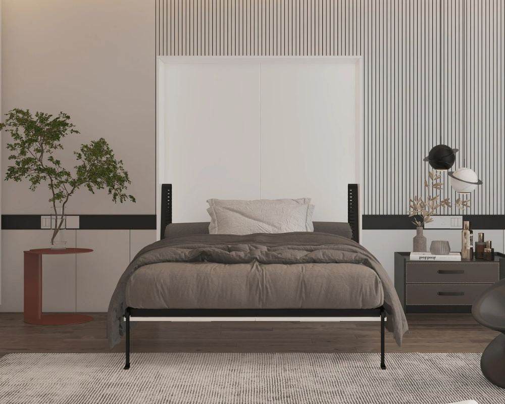 Wallie White Vertical Murphy Bed open in a bedroom with a nightstand beside it