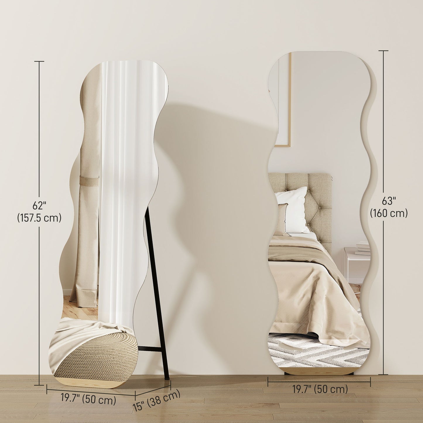 64" x 21" Full Length Mirror, Irregular Wavy Frameless Full Body Mirror with Pine Wood Base for Bedroom, Black