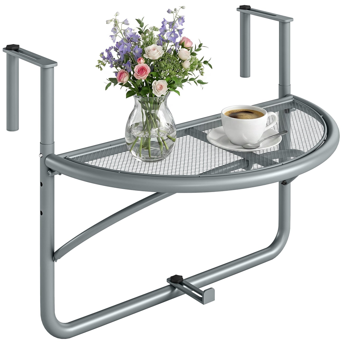 Adjustable Balcony Hanging Railing Table, Metal Mounting Mini Wall Desk Storage Rack, Outdoor Flower Stand Serving Table Half Round, Grey