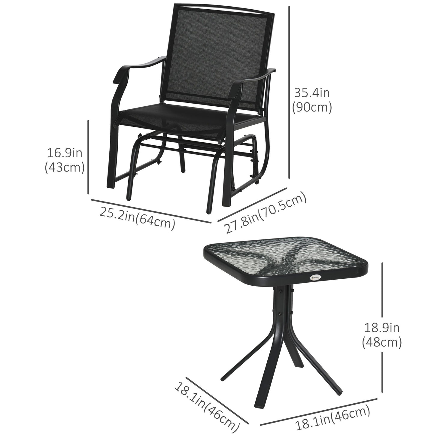 3 Piece Patio Glider Set Outdoor Gliders with Breathable Mesh Seat, Glass Top Table for Garden, Yard, Black