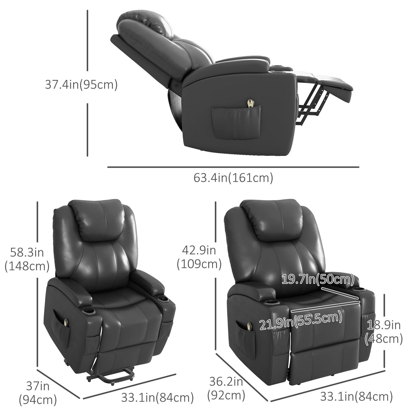 Power Recliner, Electric Lift Chair for Elderly with Footrest, Remote Control, Side Pockets and Cup Holders, Grey