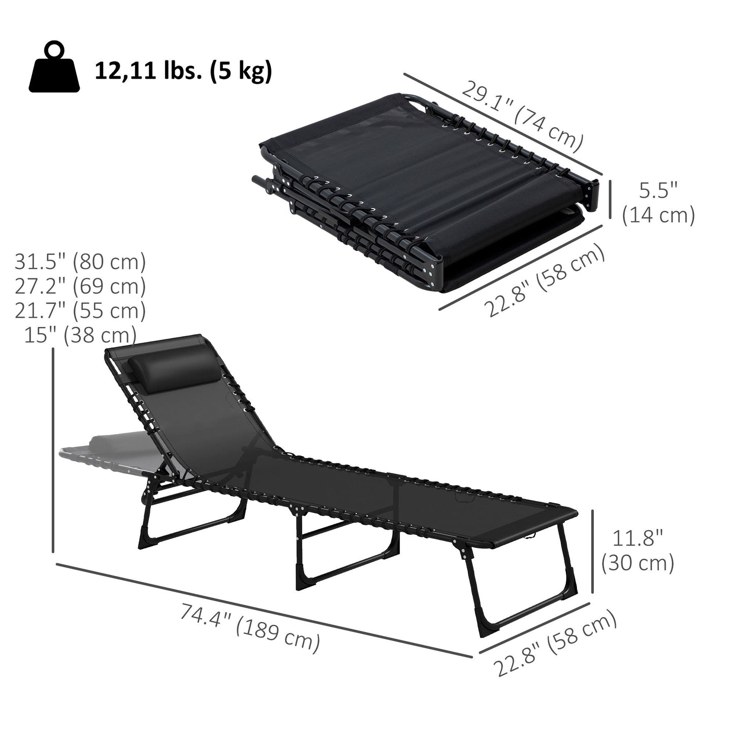 2pcs Folding Lounge Chair, Adjustable Chaise Lounge with Headrest, Reclining Lounger Cot for Camping, Black