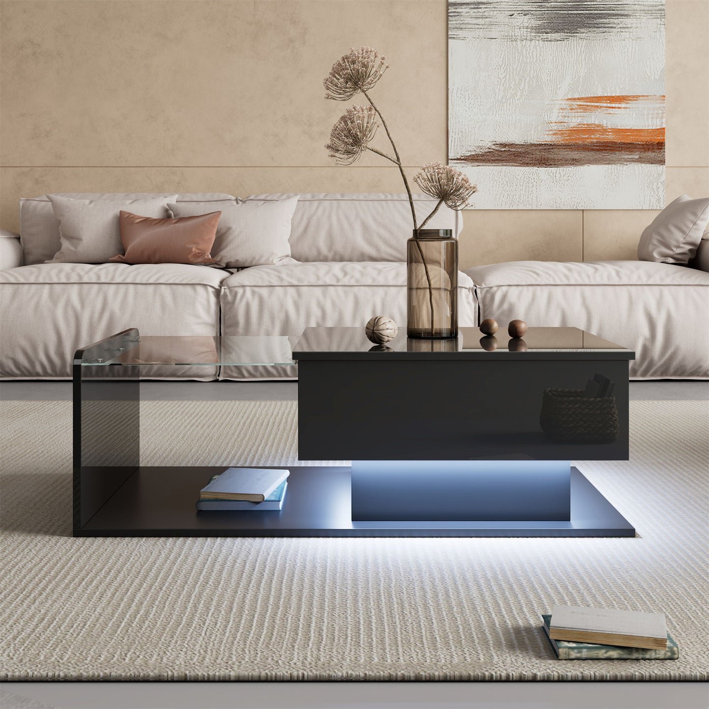 High-Gloss Coffee Table with Tempered Glass Top and LED Light Strip, Adjustable Height, Easy to Install, 39.5" L x 19.5" W x 13" H, Black