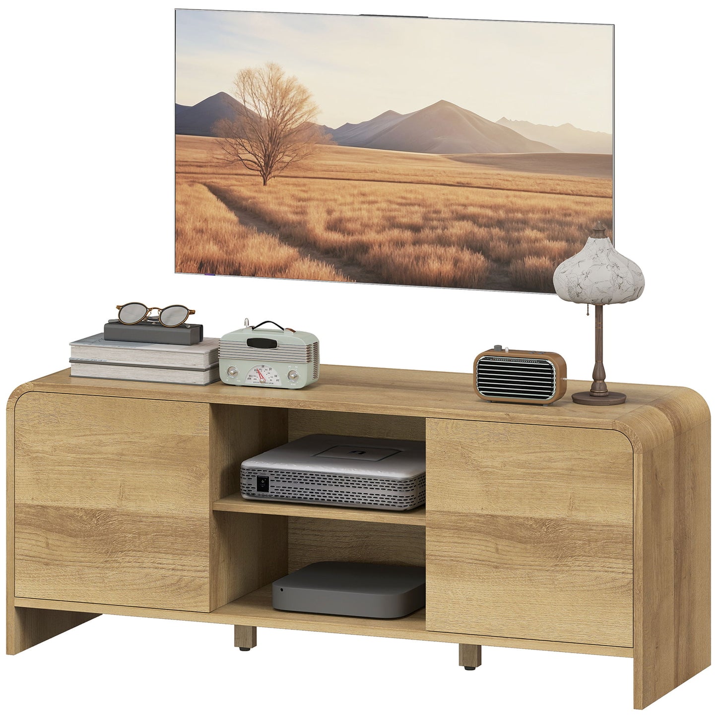 TV Stand for up to 55 Inch TV, Nordic Entertainment Center with 2 Cabinets and 2 Open Shelves for Living Room, Natural Wood