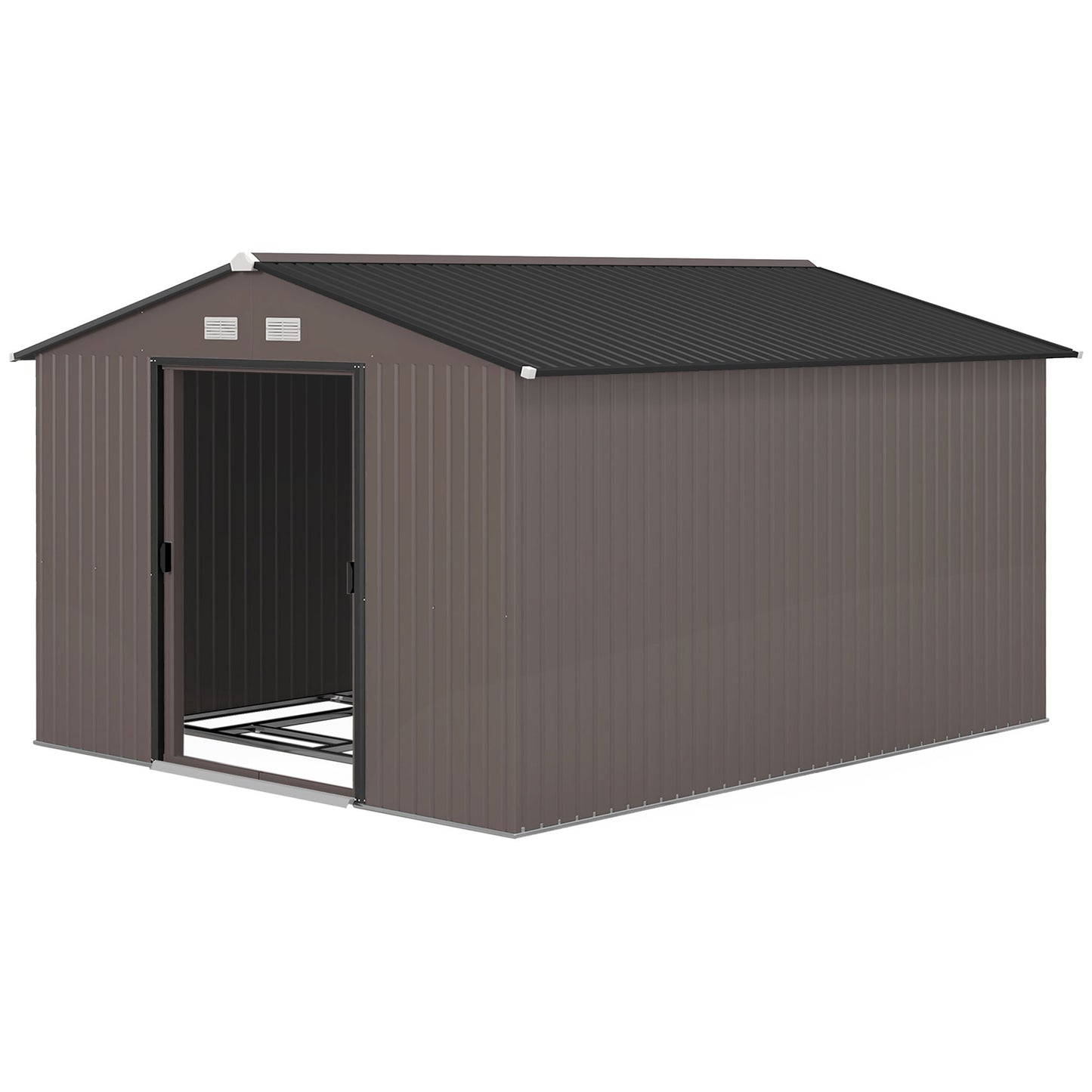 9' x 10.6' Garden Storage Shed w/ Foundation Kit Metal Tool Storage House w/ Double Doors Brown