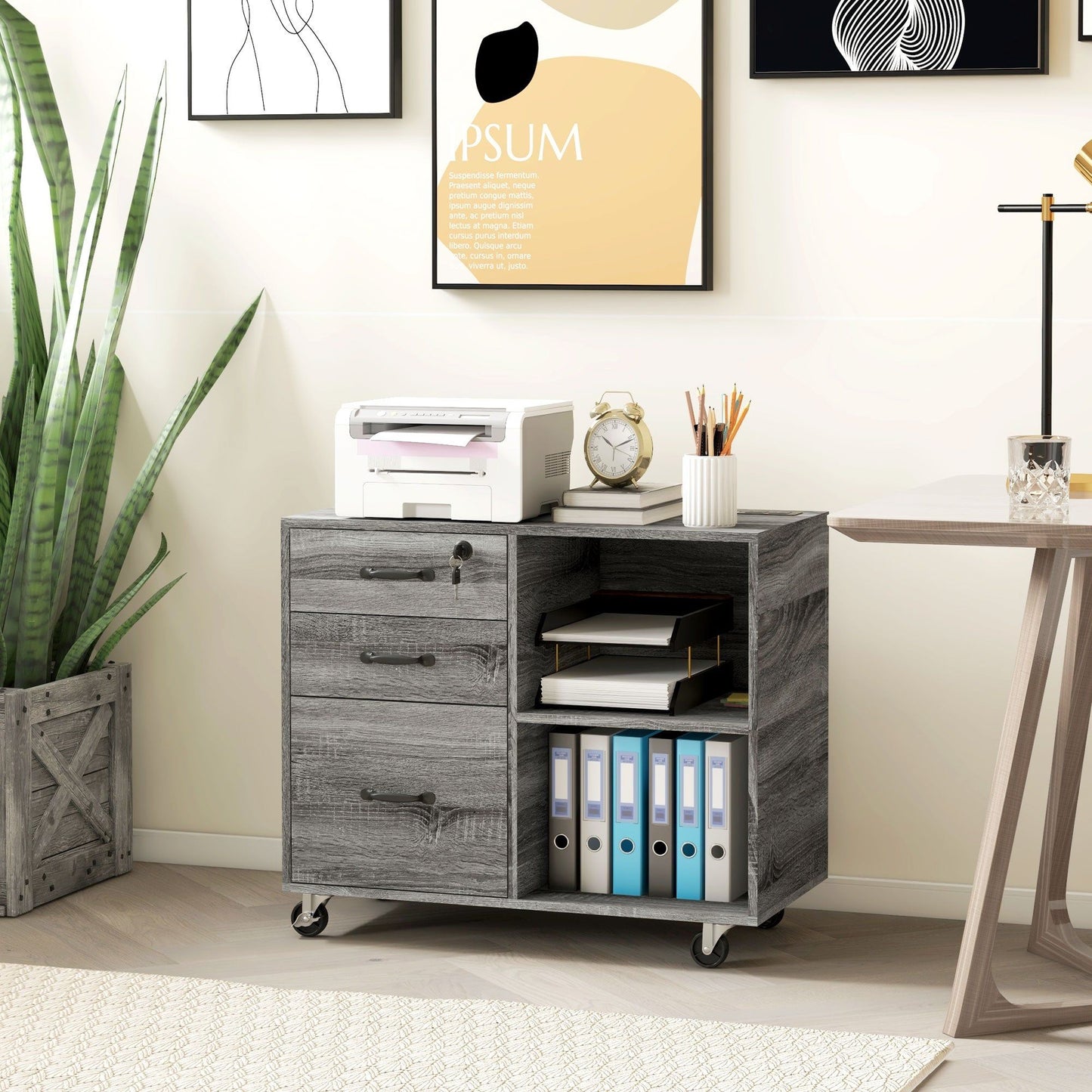 Mobile Printer Stand with USB Charging and Lock - Grey