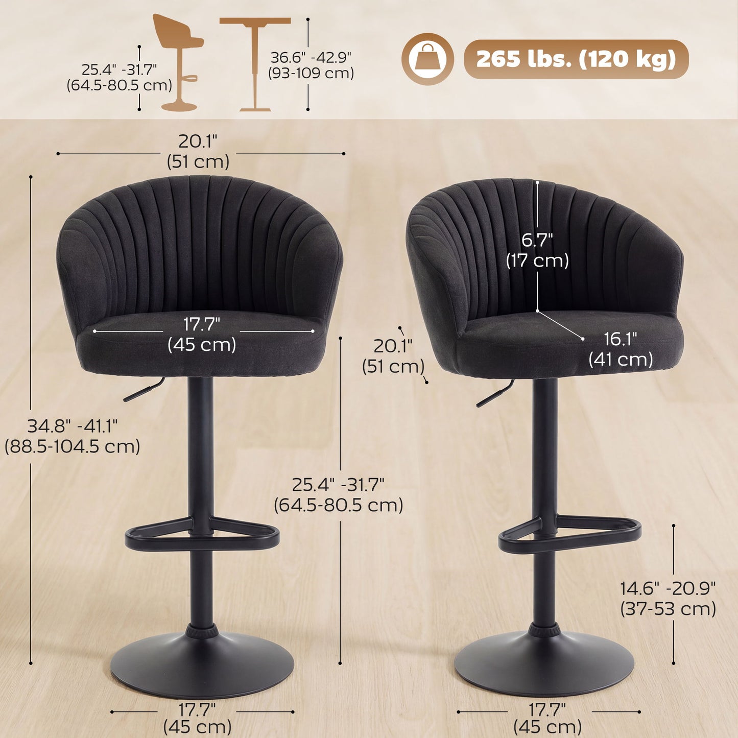 Adjustable Bar Stools Set of 2, Upholstered Kitchen Stools with Swivel Seat, Steel Frame, Footrest, ‎Black