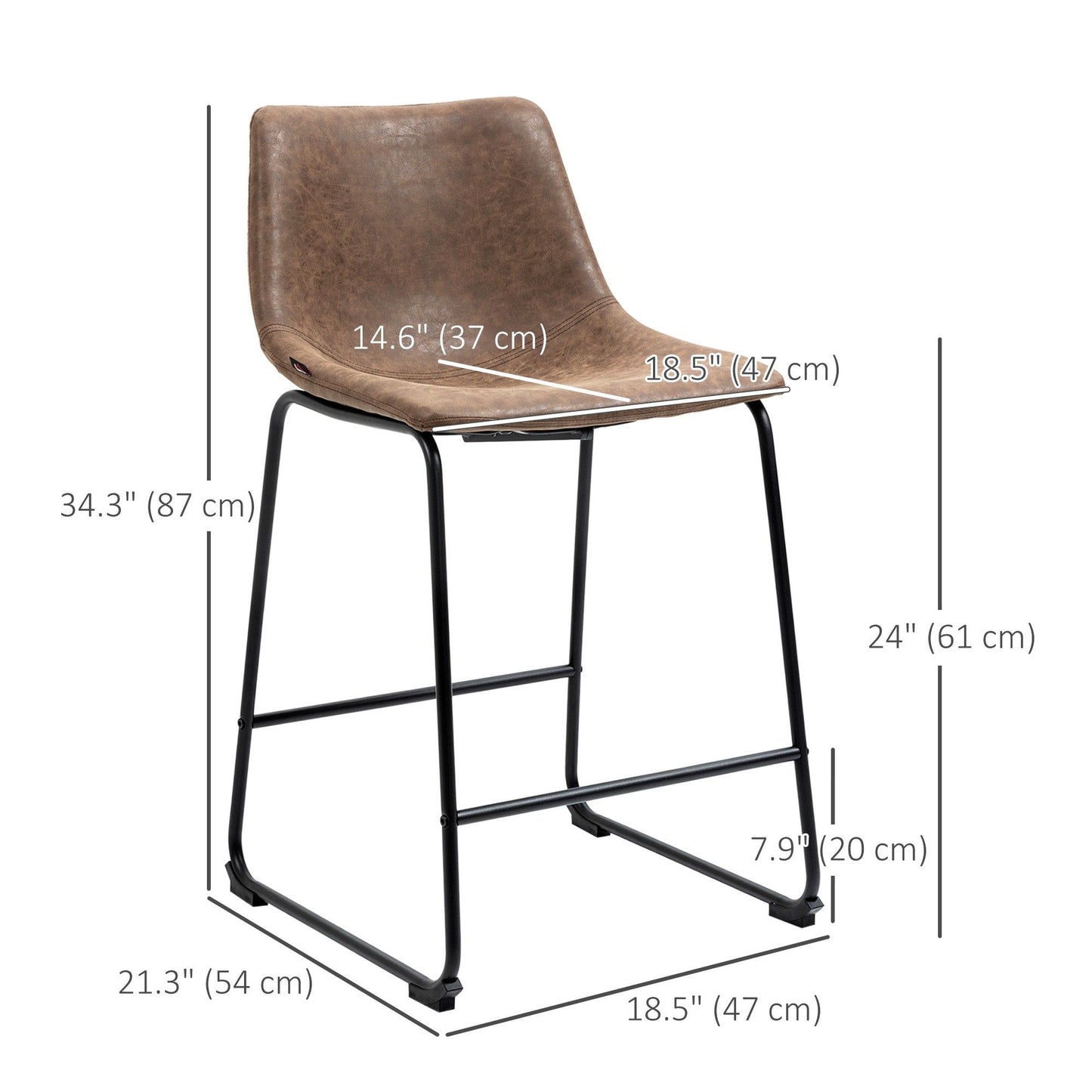 Vintage PU Leather Counter Bar Stools Set of 2 - Brown