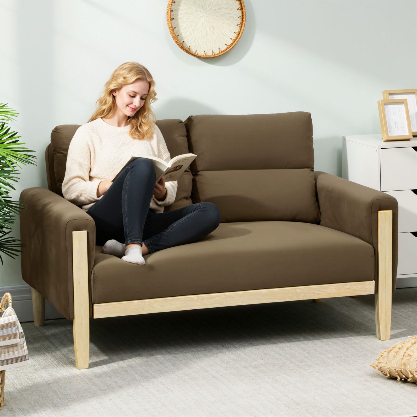 53" Loveseat Sofa, Small 2 Seater Couch with Solid Wood Legs, Modern Velvet Sofa for Living Room, Small Spaces,Brown