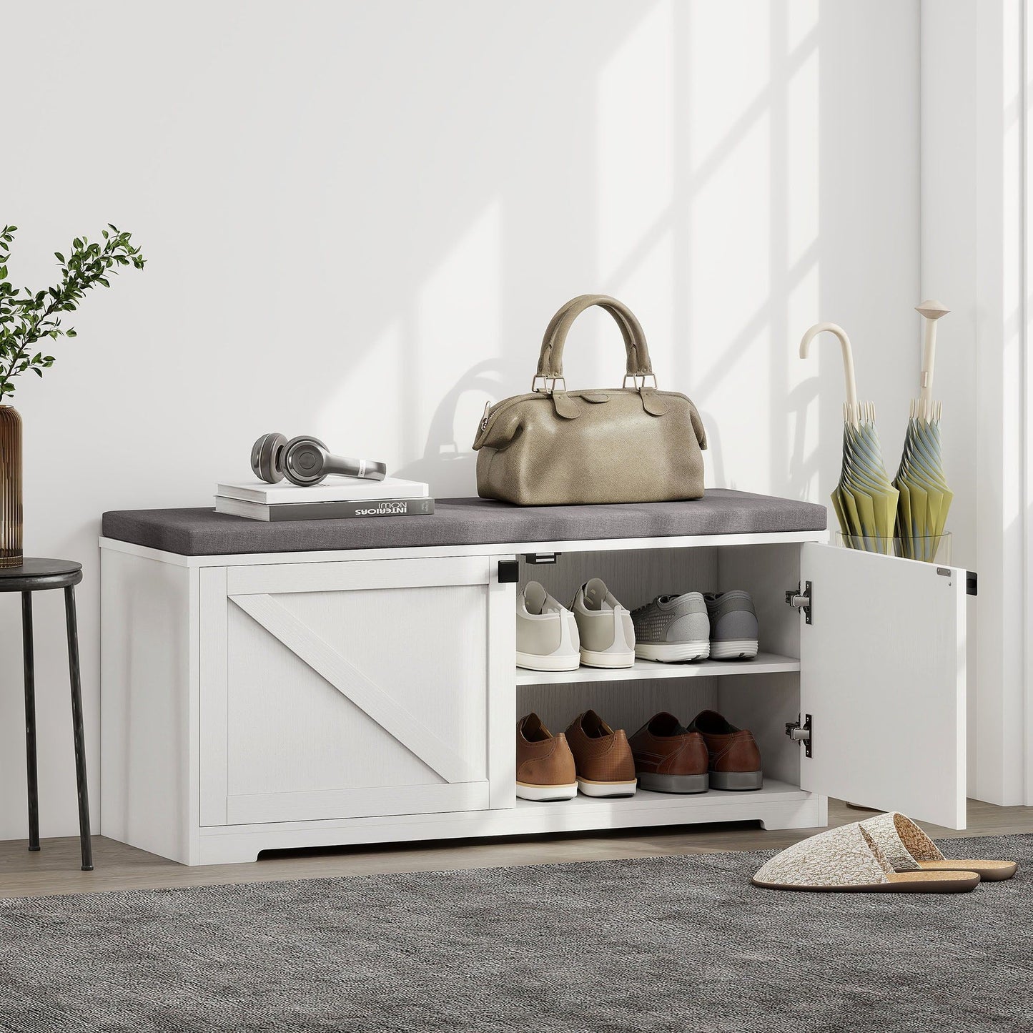 Shoe Storage Bench with Padded Seat - White Wood Grain