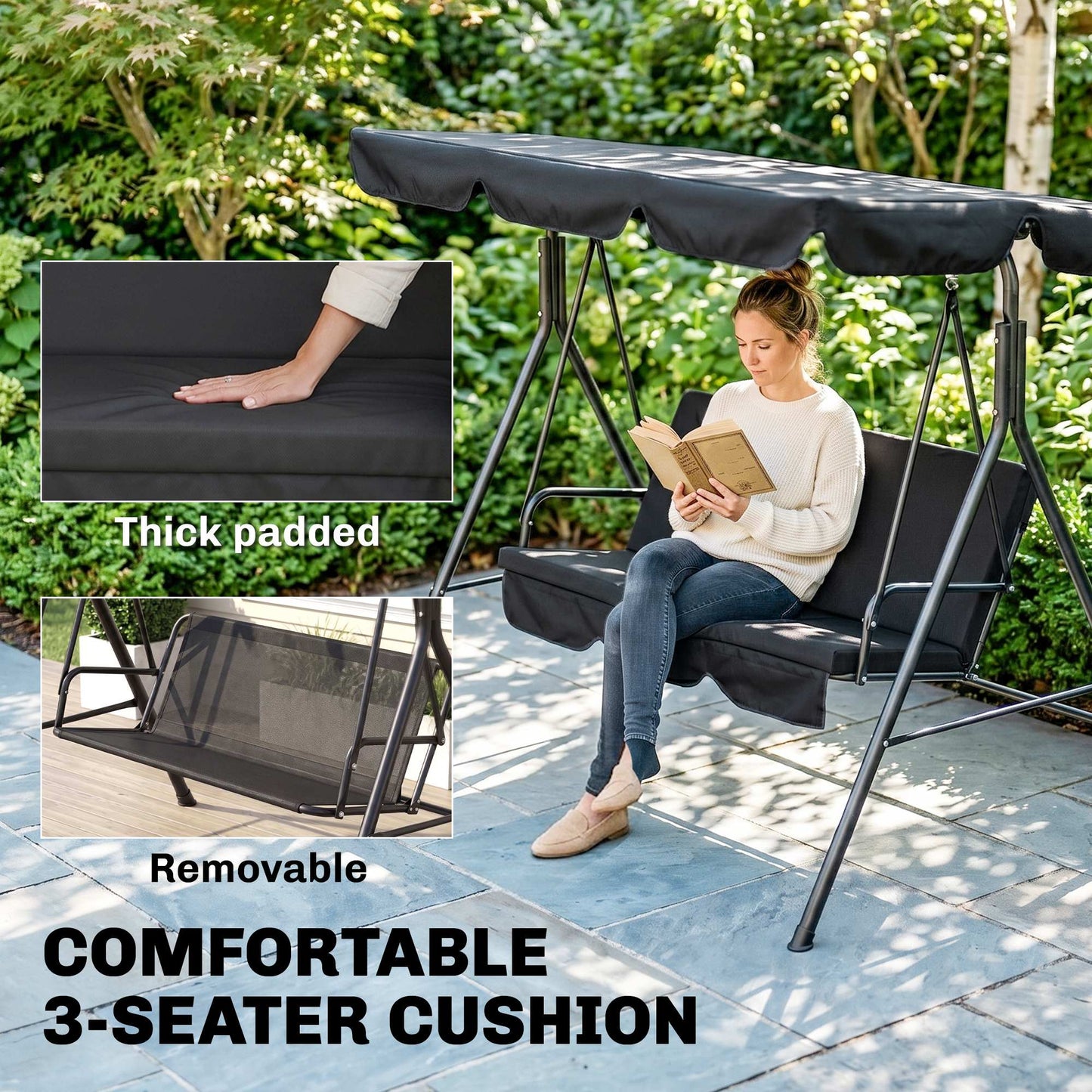 3-Seater Outdoor Porch Swing with Adjustable Canopy, Patio Swing Chair for Garden, Poolside, Backyard, Red