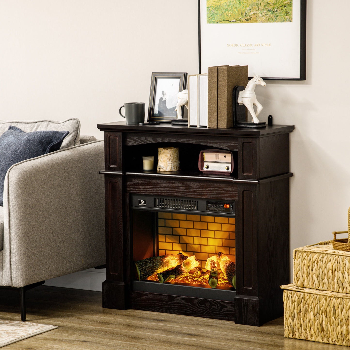 Electric Fireplace with Mantel, Freestanding Heater Corner Firebox with Remote Control, 700W/1400W, Brown