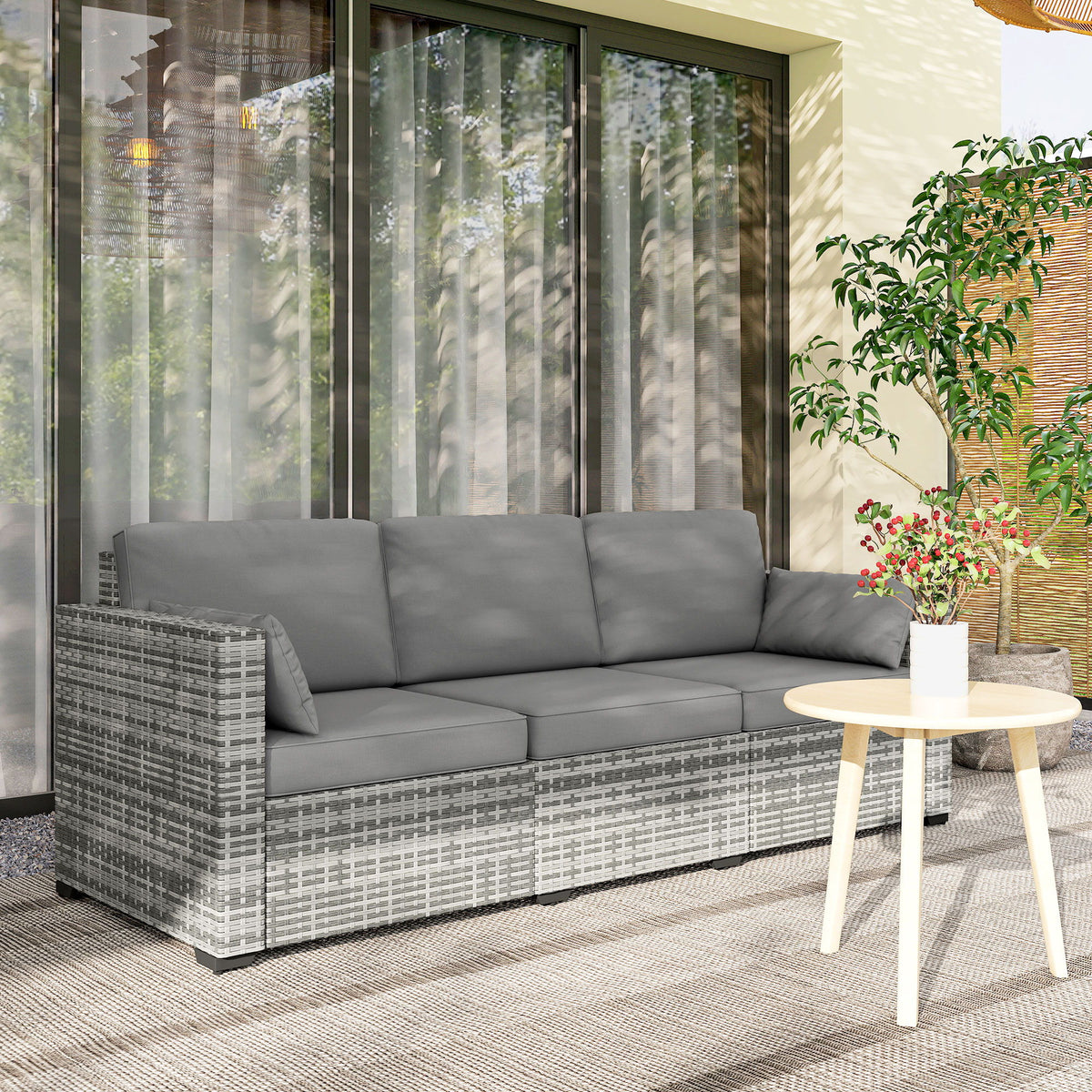 3-Seater Outdoor Sofa with Cushions, PE Rattan Conversation Patio Couch with Pillows for Garden, Poolside, Grey