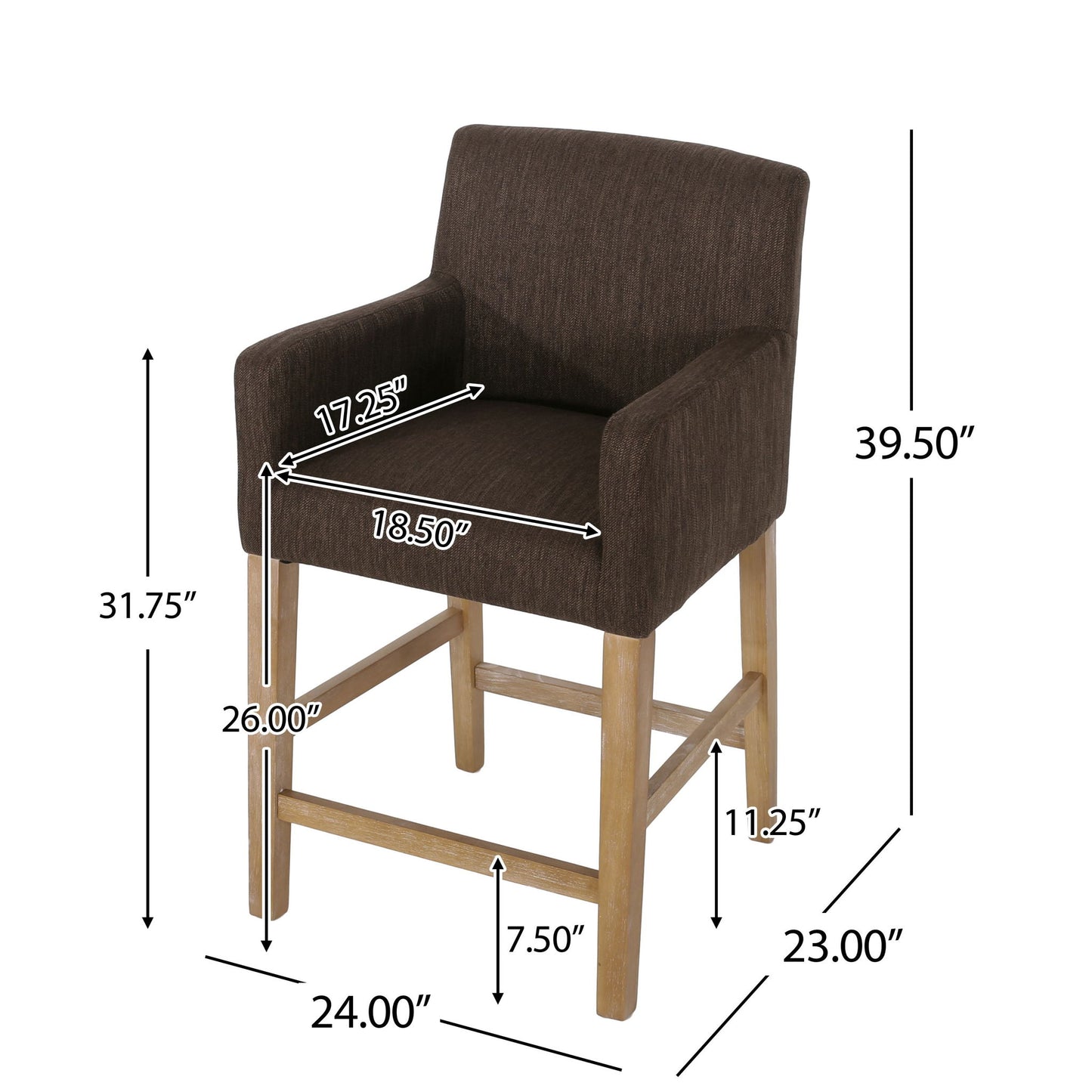 Upholstered Counter Stool with Rubberwood Frame, Contemporary Style with Rounded Armrests, 24" L x 23" W x 39.5" H, Brown
