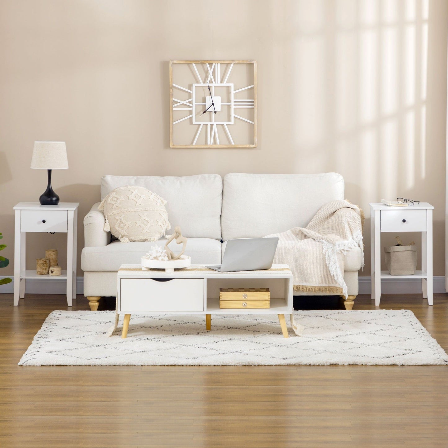 2-Tier End Tables Set of 2 with Drawer - White