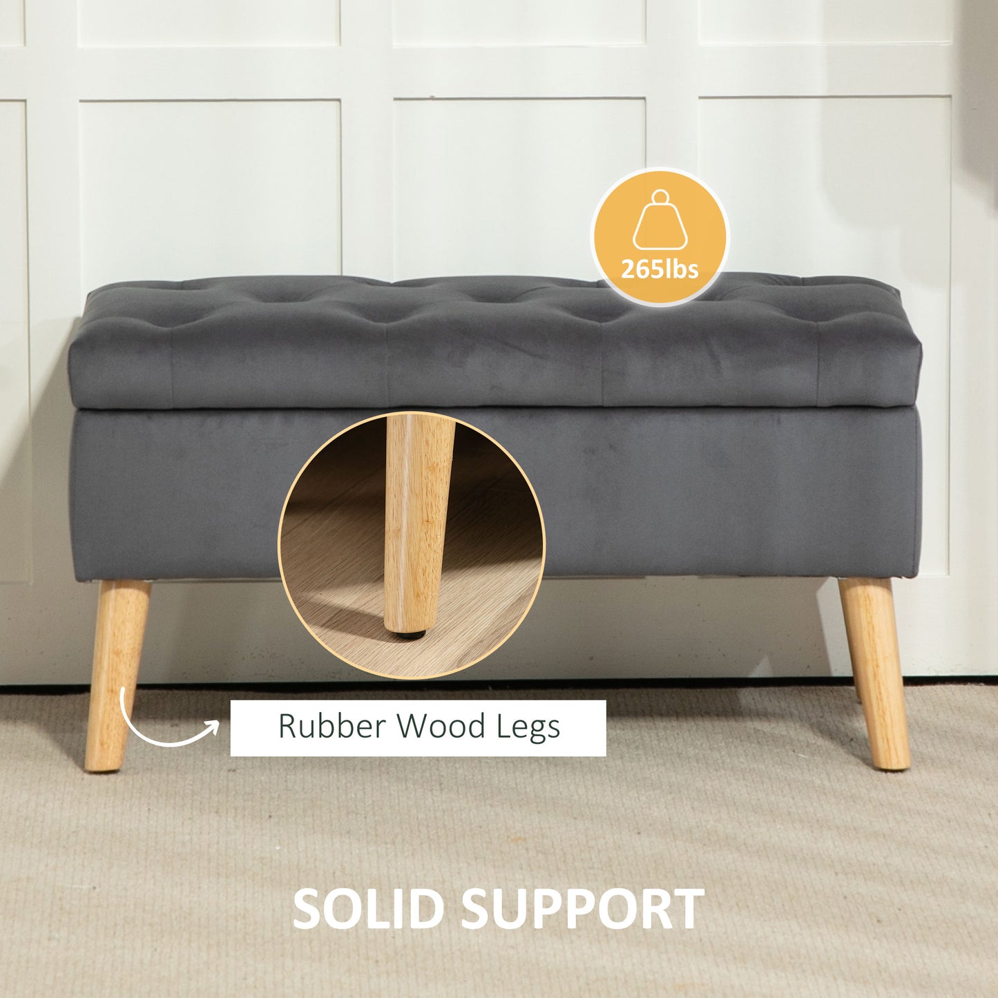 Storage Ottoman with Lid, Velvet Upholstered Storage Bench with Wood Legs for Living Room, Charcoal Grey