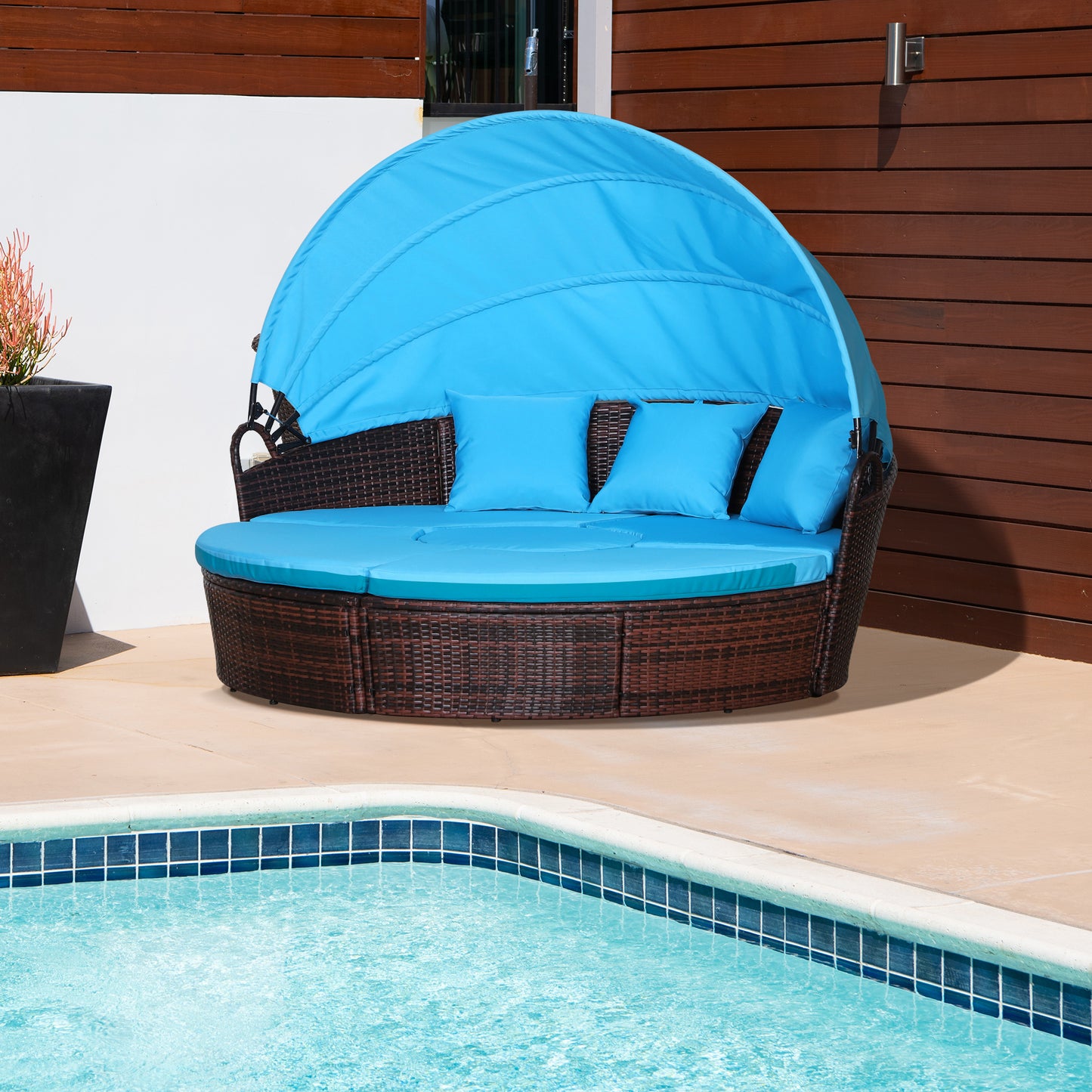 4 Pieces Outdoor Daybed with Retractable Canopy, Wicker Lounger Bed, Conversation Furniture Set, Dark Blue - Brown