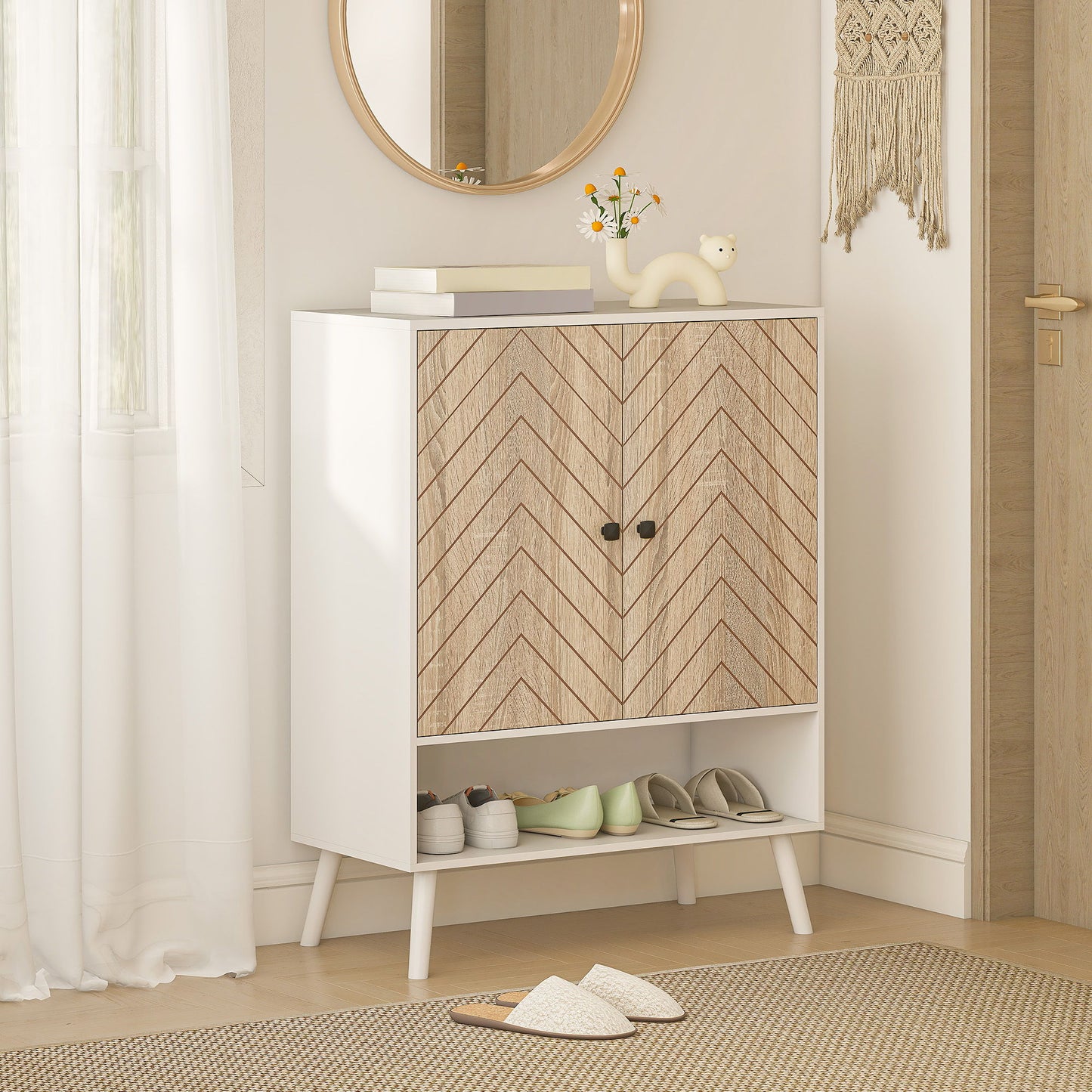 Shoe Storage Cabinet, 5-Tier Shoe Rack Cabinet with Doors, Adjustable Shelves, 15 Pairs, for Entryway, Natural Tone