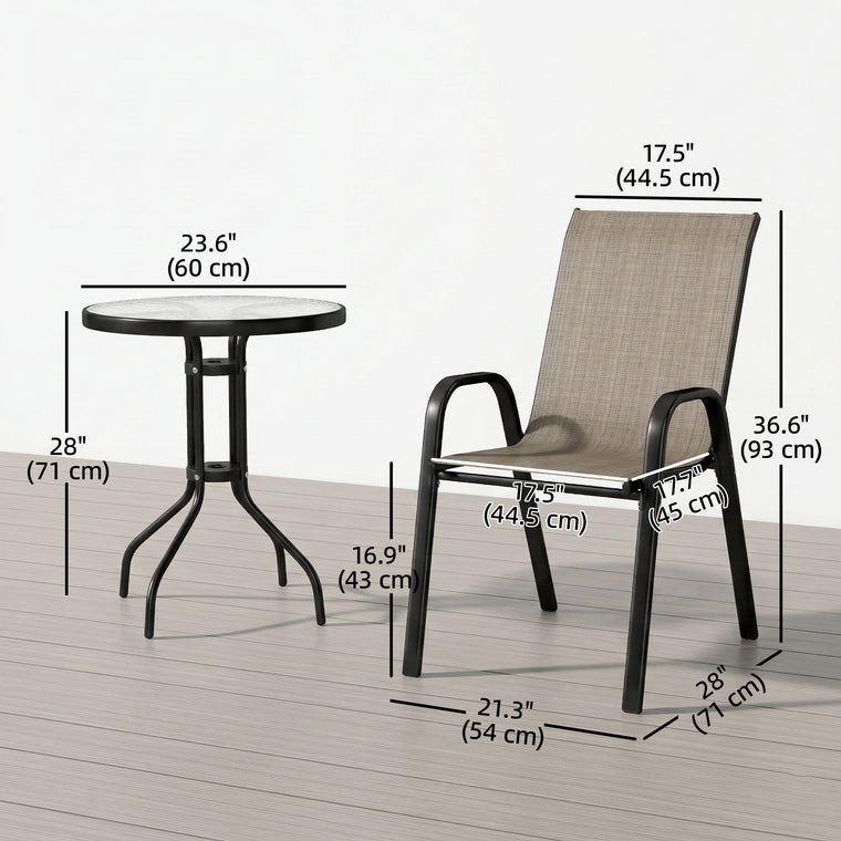 3-Piece Bistro Set with Stackable Mesh Chairs & Glass Table