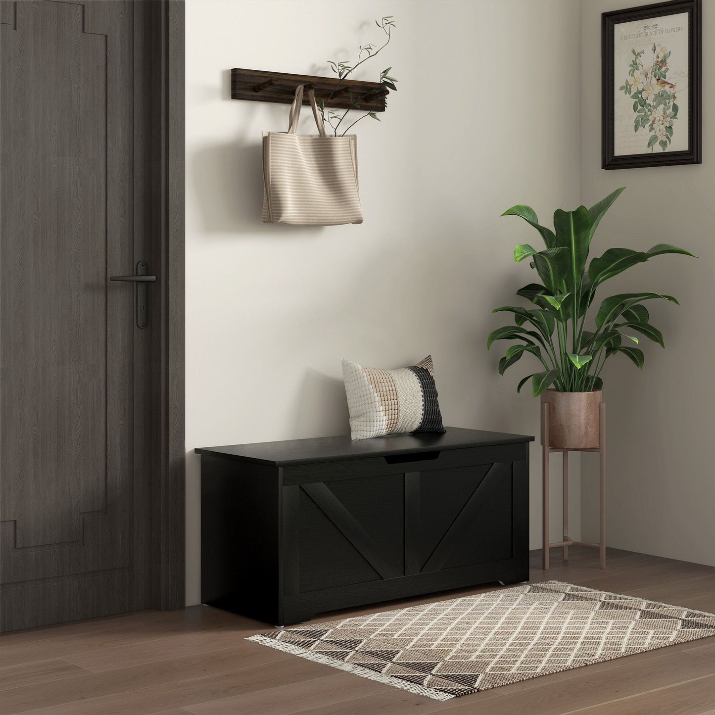 39.4 Inches Storage Chest, Storage Trunk with 2 Safety Hinges for Living Room, Black Wood Grain