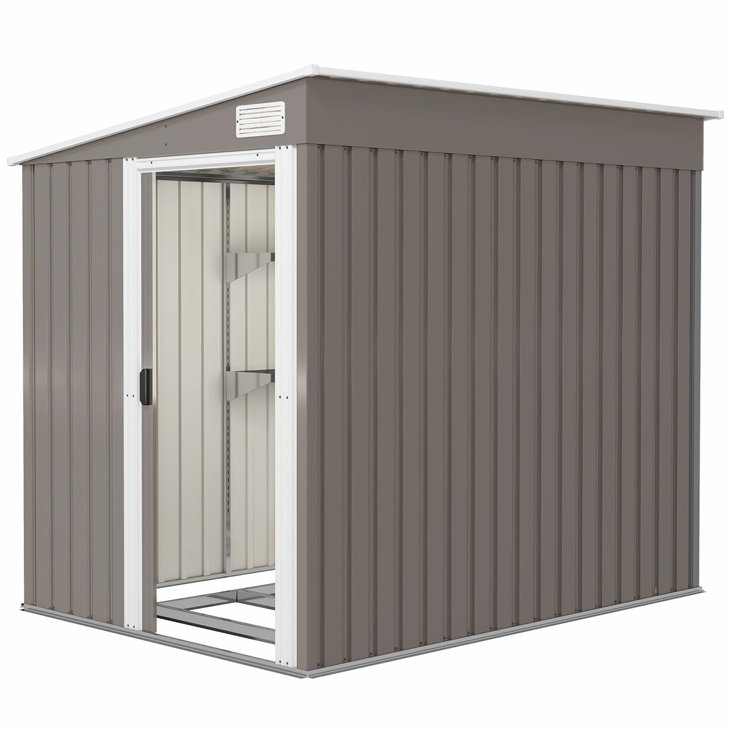 5'x7' Lean to Galvanized Metal Shed with Foundation, Garden Tool Storage House w/ Sliding Door and 2 Vents, Light Grey