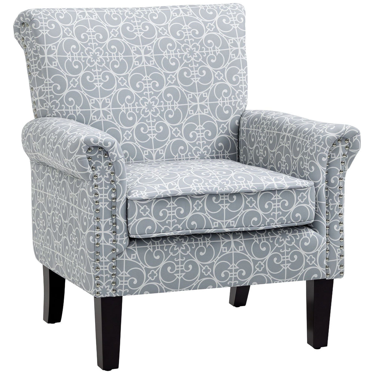 Upholstered Accent Chair, Single Armchair with Soft Linen Touch Fabric, Rolled Armrest with Nailhead Trim, Grey