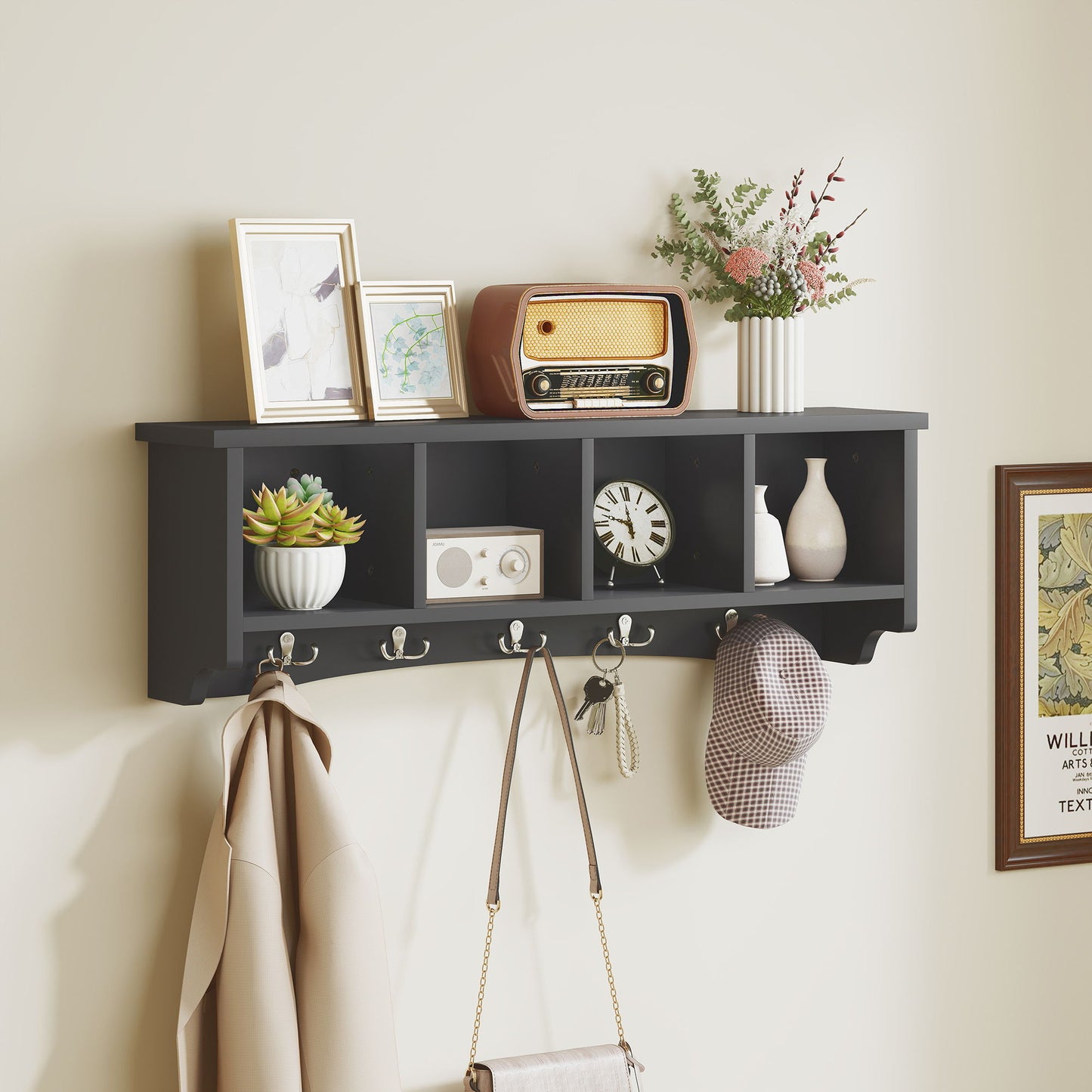 Coat Rack Wall Mount with Shelf, 28" Wall Coat Rack with 5 Hooks and 4 Compartments for Living Room, Entryway, Black