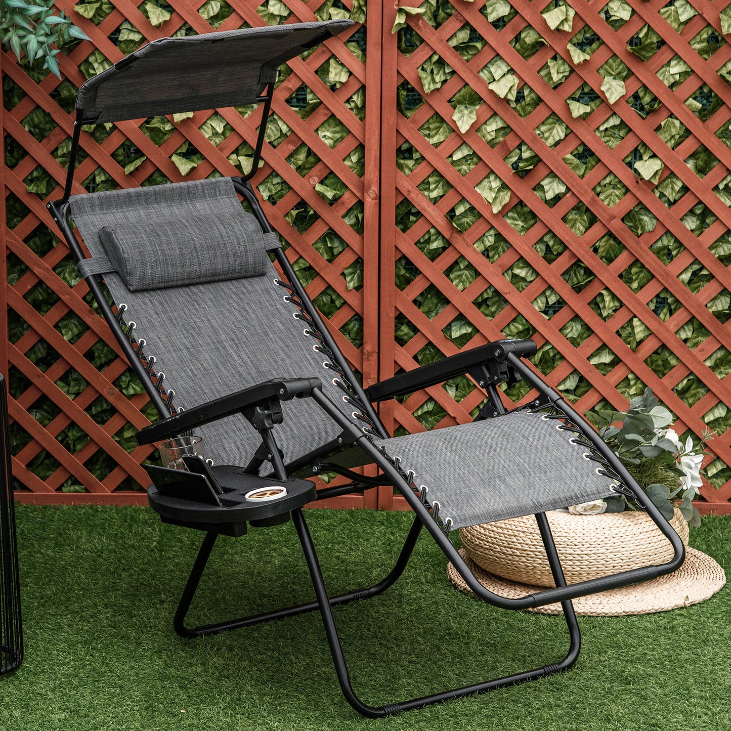 Outdoor Zero Gravity Reclining Lounger Chair with Canopy Shade, Side Tray, Cupholder, Light Grey