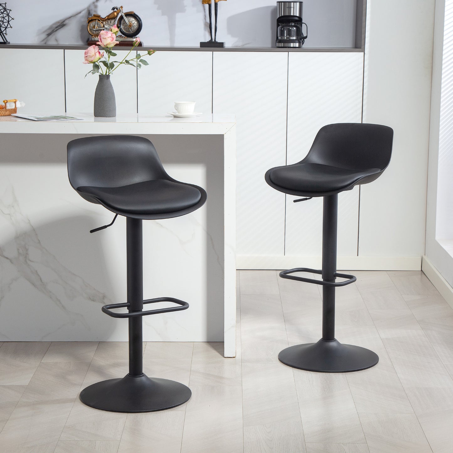 Counter Height Bar Stools Set of 2, Streamlined Bar Chairs with Adjustable Height and Swivel PU Leather Seat, Black