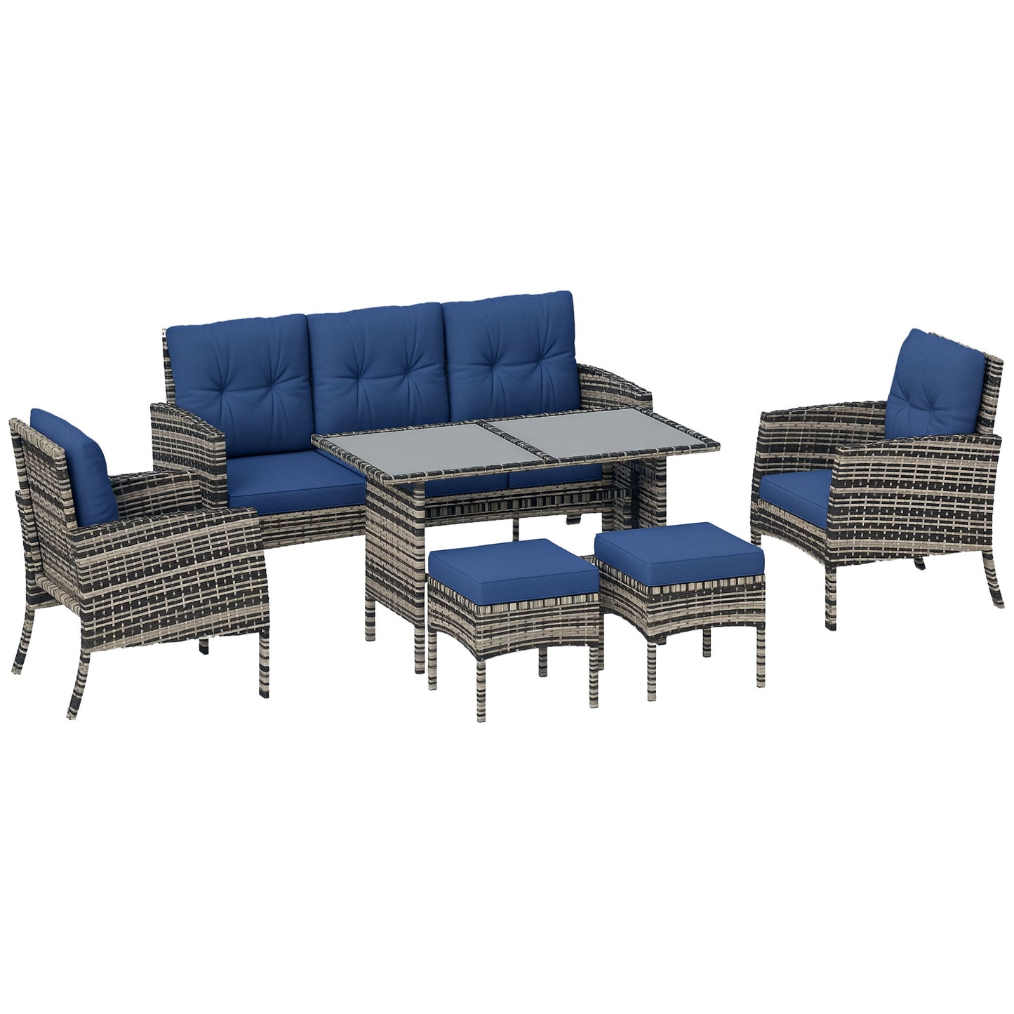 6 Piece Patio Furniture Set with Patio Chairs, Ottomans, Sofa, Glass Top Table and Cushions, Wicker Rattan Outdoor Furniture Set for Backyard, Porch, Navy Blue