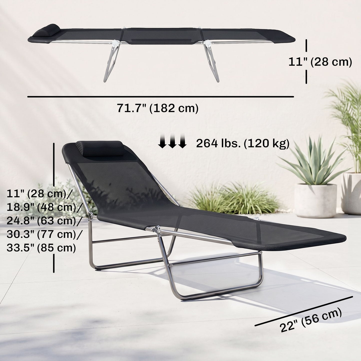 Outdoor Lounge Chair, Portable Adjustable Reclining Seat Folding Chaise Lounge Patio Camping Beach Tanning Chair Bed with Pillow, Black