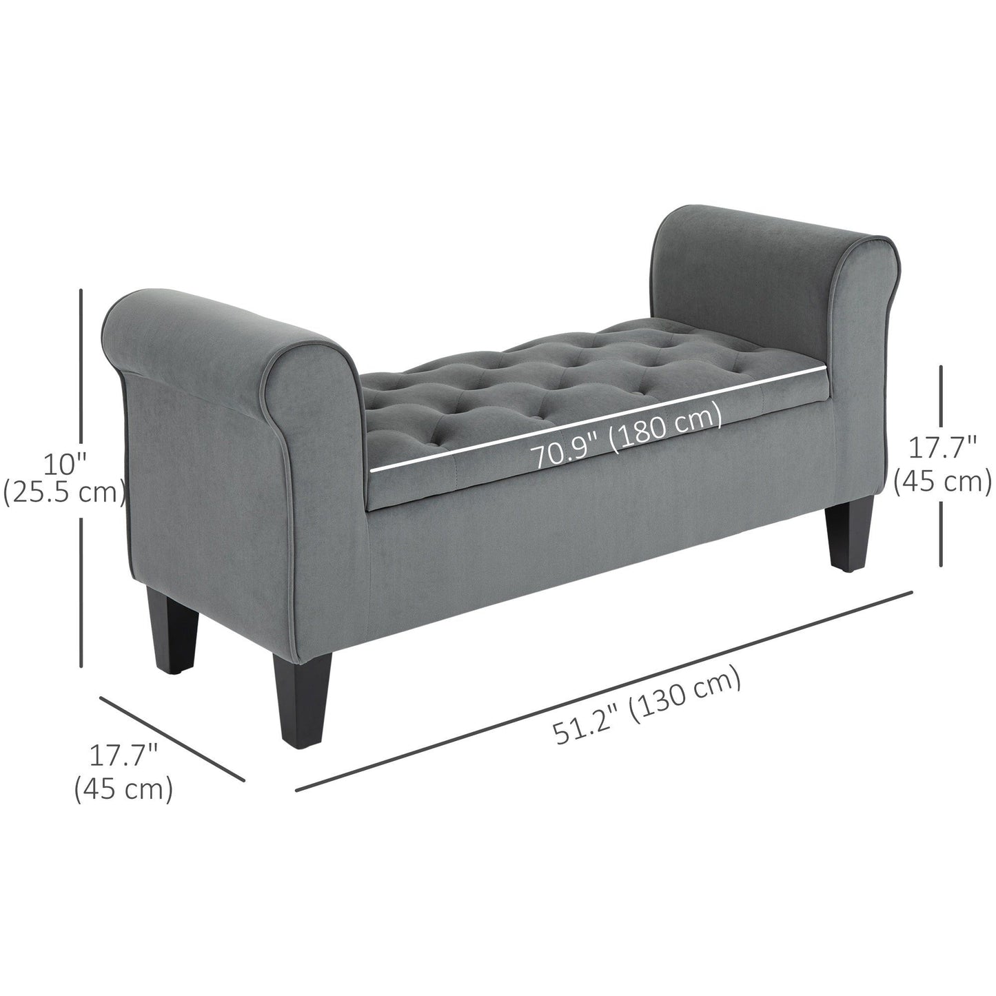 Button-Tufted Storage Bench with Rolled Arms - Grey