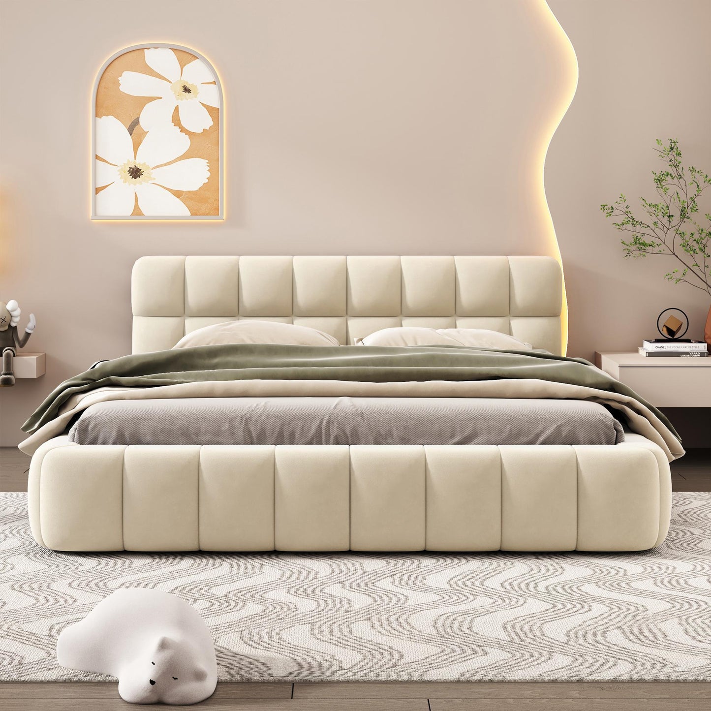 Queen Size Upholstered Bed with MDF & Particleboard Frame, Low-Profile Grounded Bed with Wooden Slats, 87.5'' L x 66.5'' W x 23.5'' H, Beige