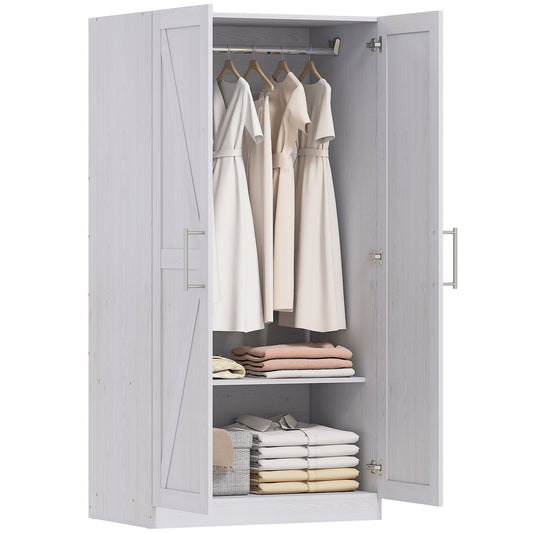 Wardrobe Cabinet with Hanging Rod, Anti-Tipping and 2 Barn Doors, Farmhouse Wardrobe Closet for Bedroom, White Wood Effect