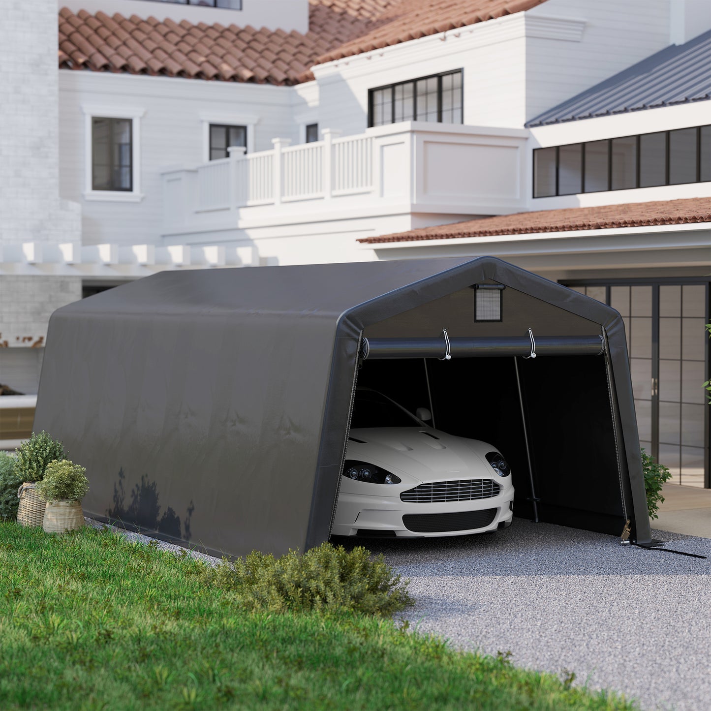 Portable Garage, Heavy Duty Carport Canopy with Ventilation Windows and Large Roll-up Door, Dark Grey