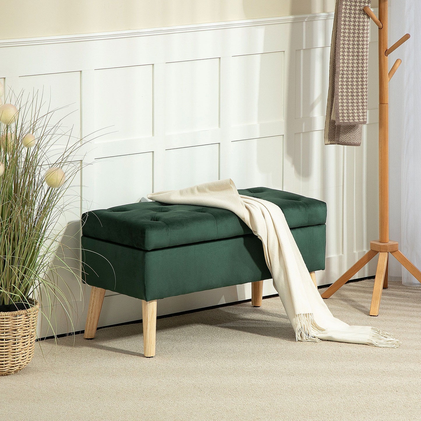 Storage Ottoman with Lid, Velvet Upholstered Storage Bench with Wood Legs for Living Room, Dark Green