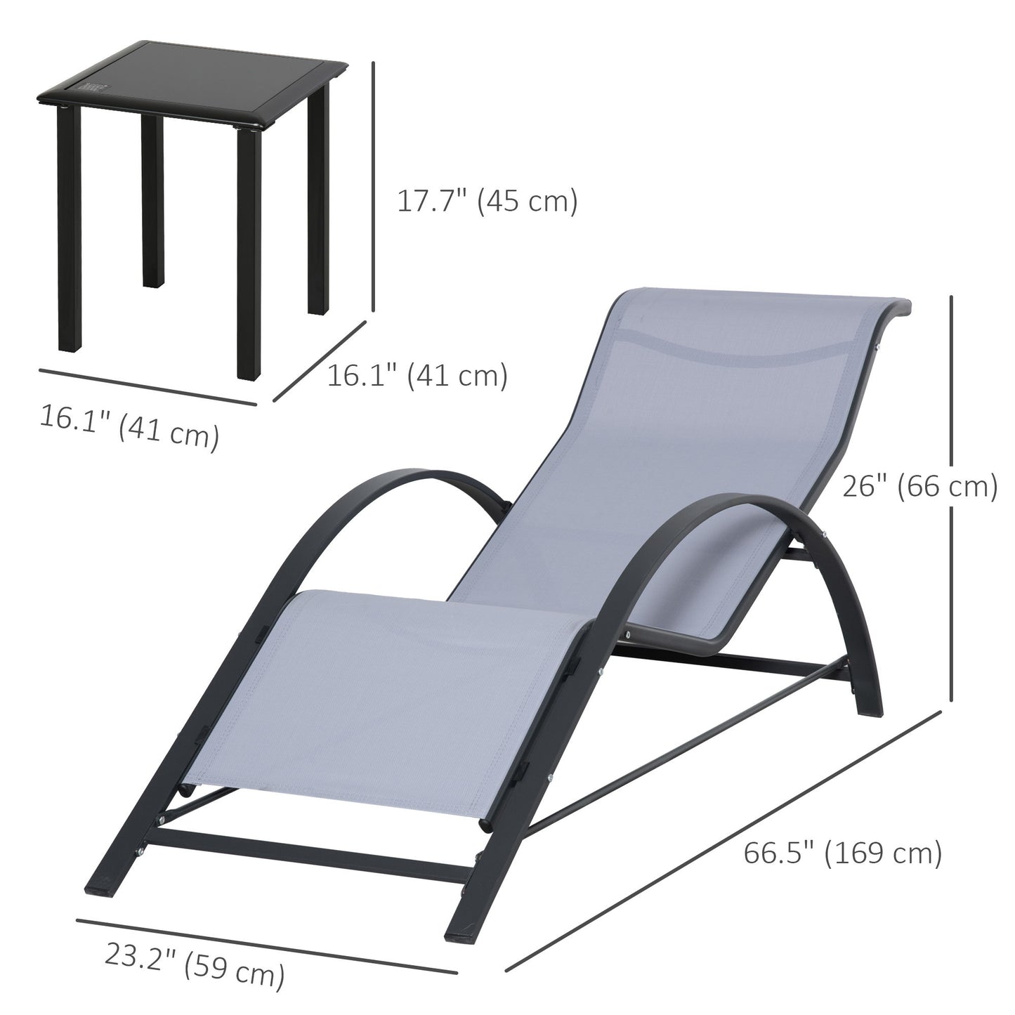 3 Pieces Outdoor Lounge Chair Set, 2 S-Shaped Lawn Chairs and a Glass Table for Patio, Yard, Light Grey