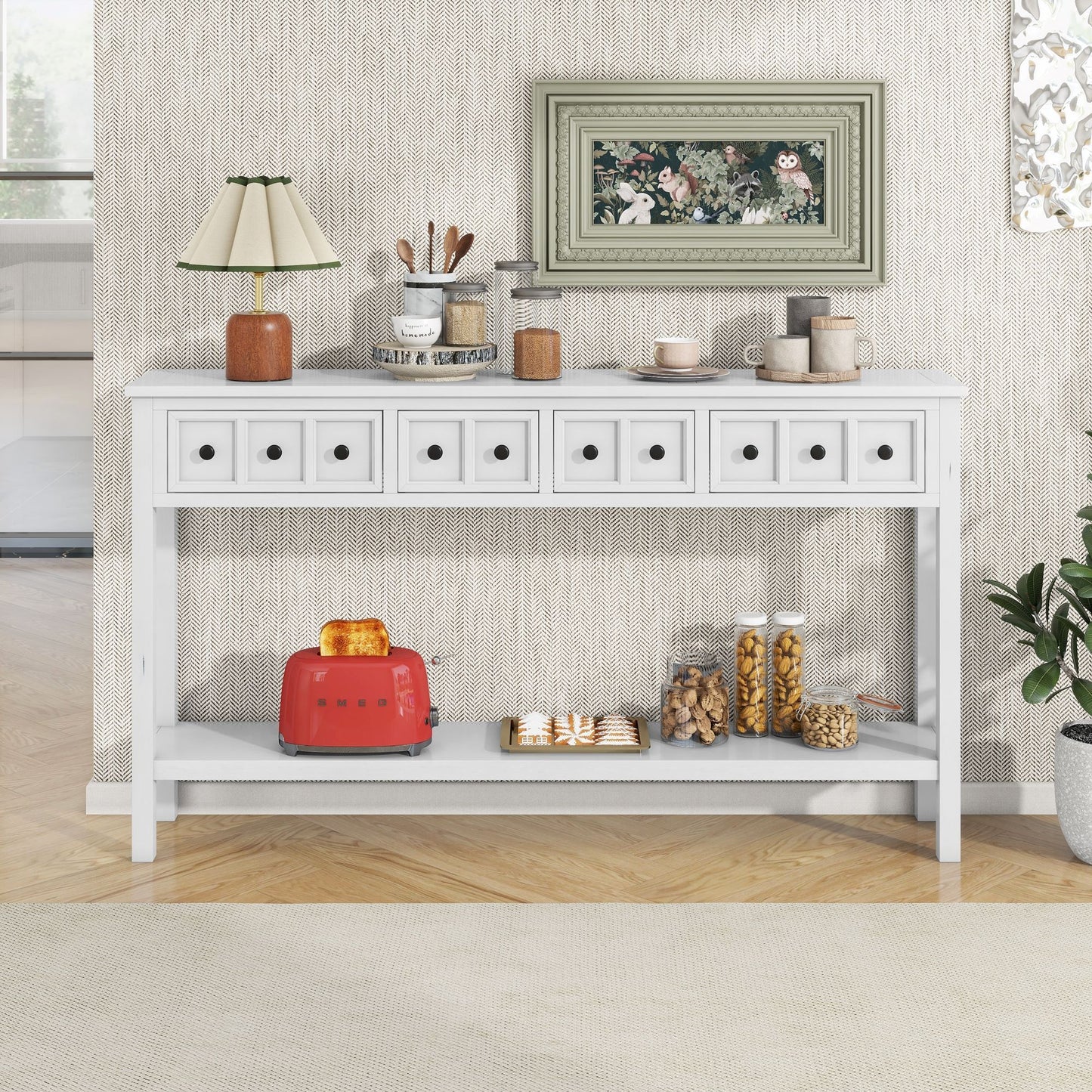 Rustic Entryway Console Table with Two Sizes of Drawers, Bottom Shelf, Ideal for Living Room, Hallway, 60" L x 11" W x 34" H, White
