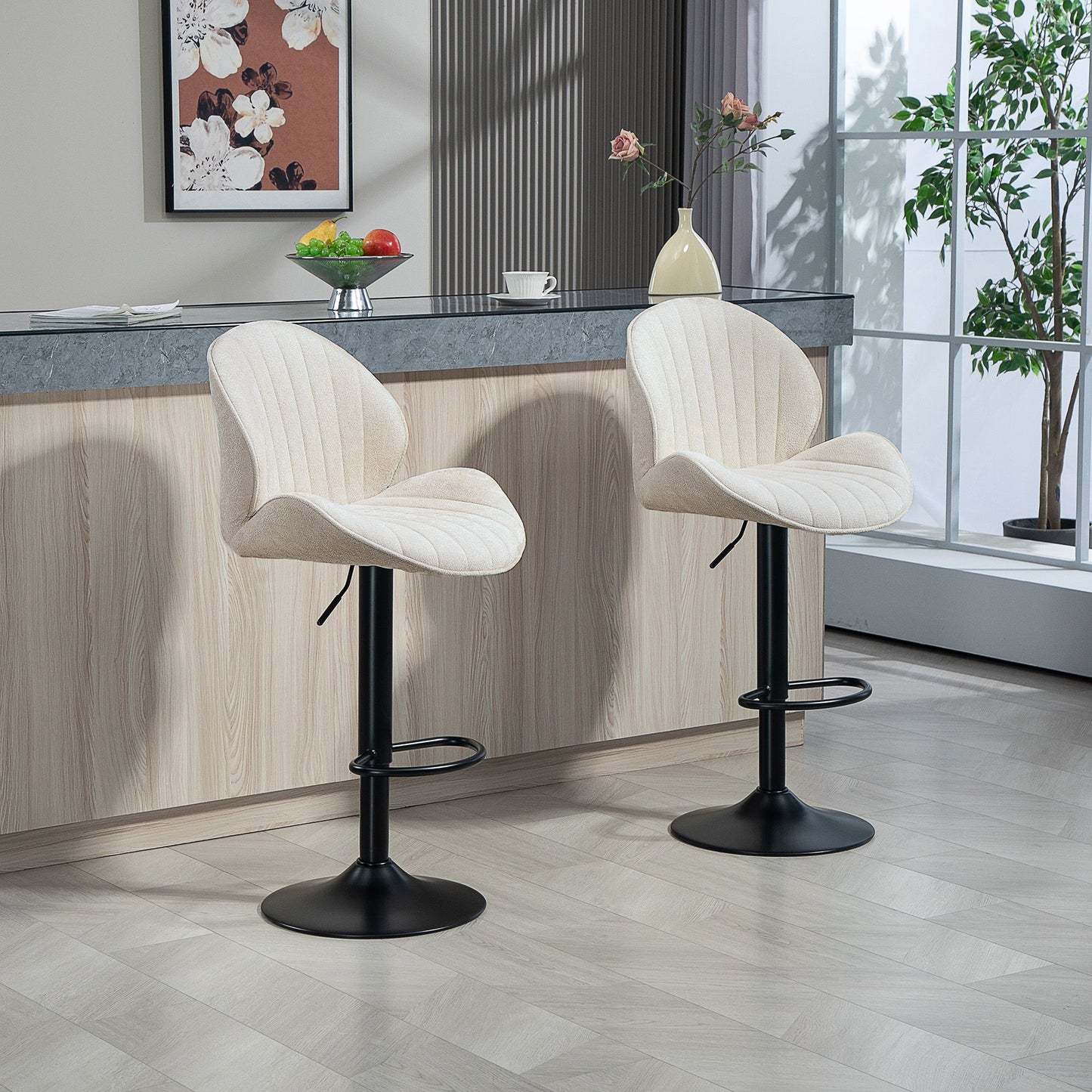 Bar Stools Set of 2, Swivel Barstools with Back, Adjustable Height and Footrest for Kitchen Island, Dining Room, Beige