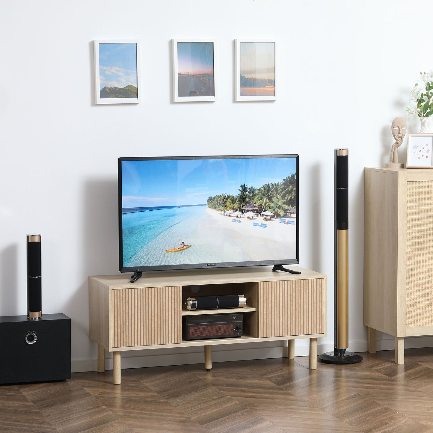 Modern TV Stand for TVs up to 50", TV Cabinet with Storage Shelves for Living Room, Natural
