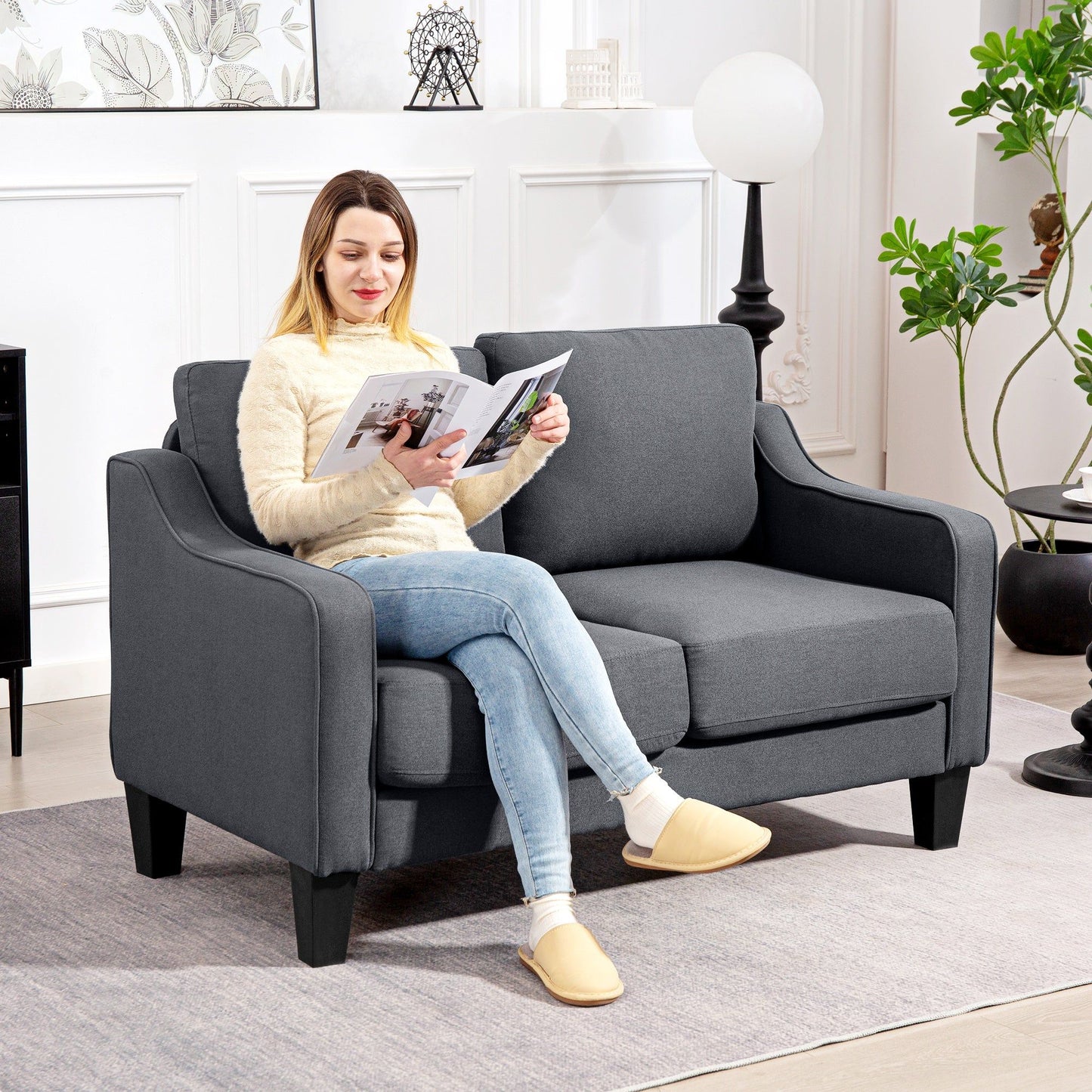 Linen Loveseat Sofa with Pocket Spring - Charcoal Grey