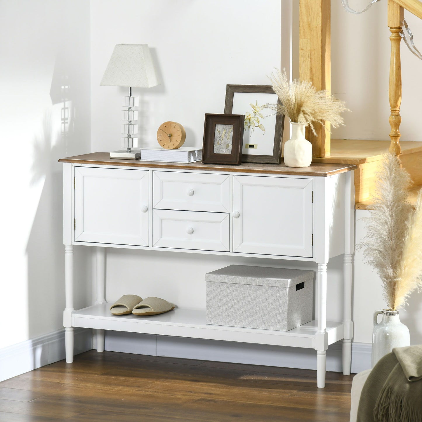 Vintage Console Table with 2 Drawers and Cabinets, Retro Sofa Table for Entryway, Living Room and Bedroom, White