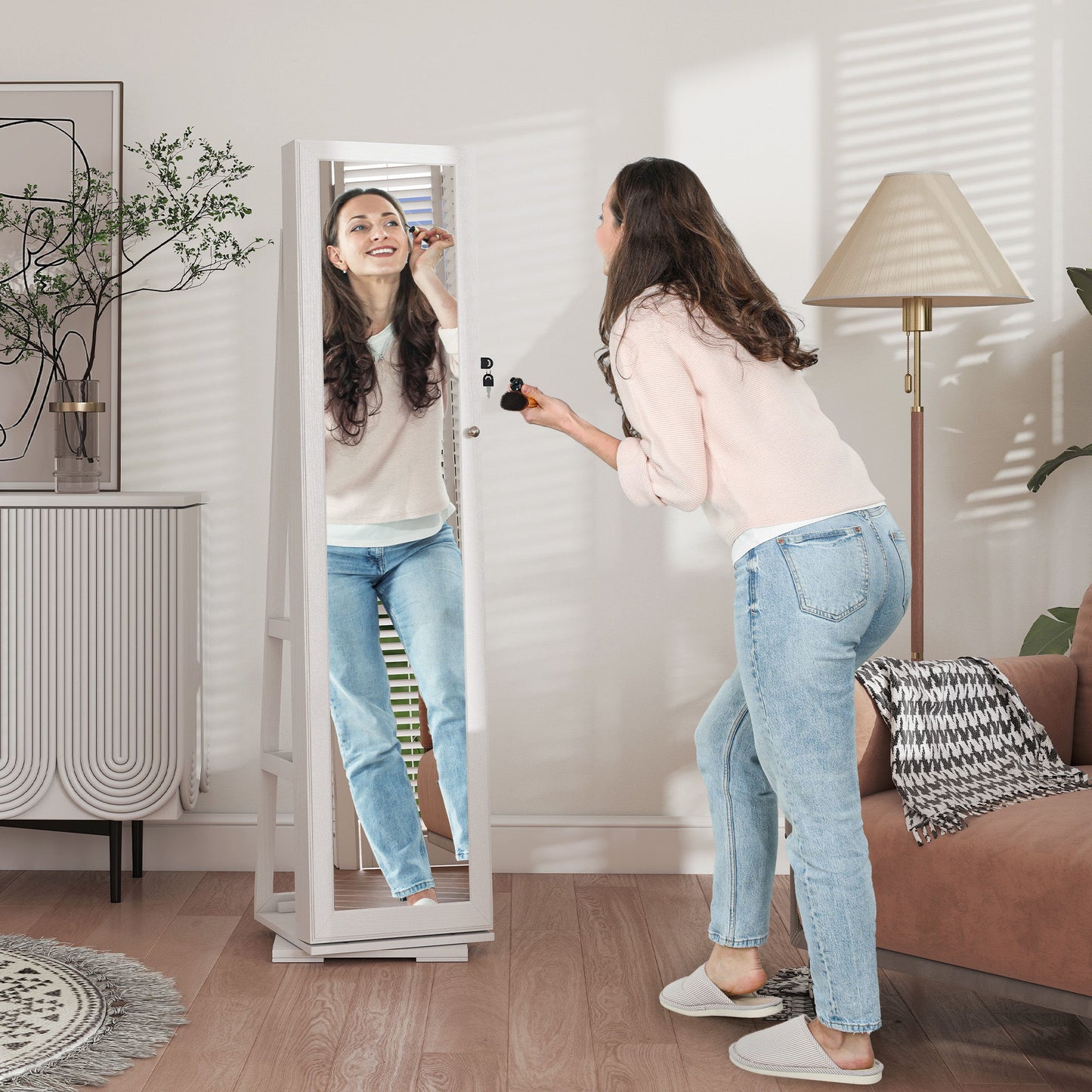 360° Swivel Jewelry Armoire, Lockable Mirror Jewelry Cabinet with Built-In Small Mirror, White